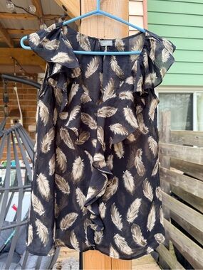Studio by YDE sheer feather print ruffle neck blouse size small